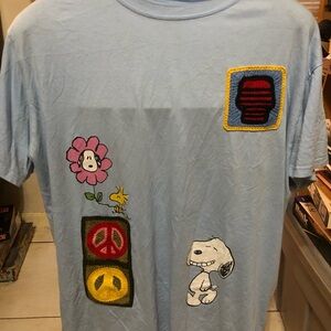 Peanuts Blue Short Sleeve Tee with Snoopy and embroidered patches Peace Sign